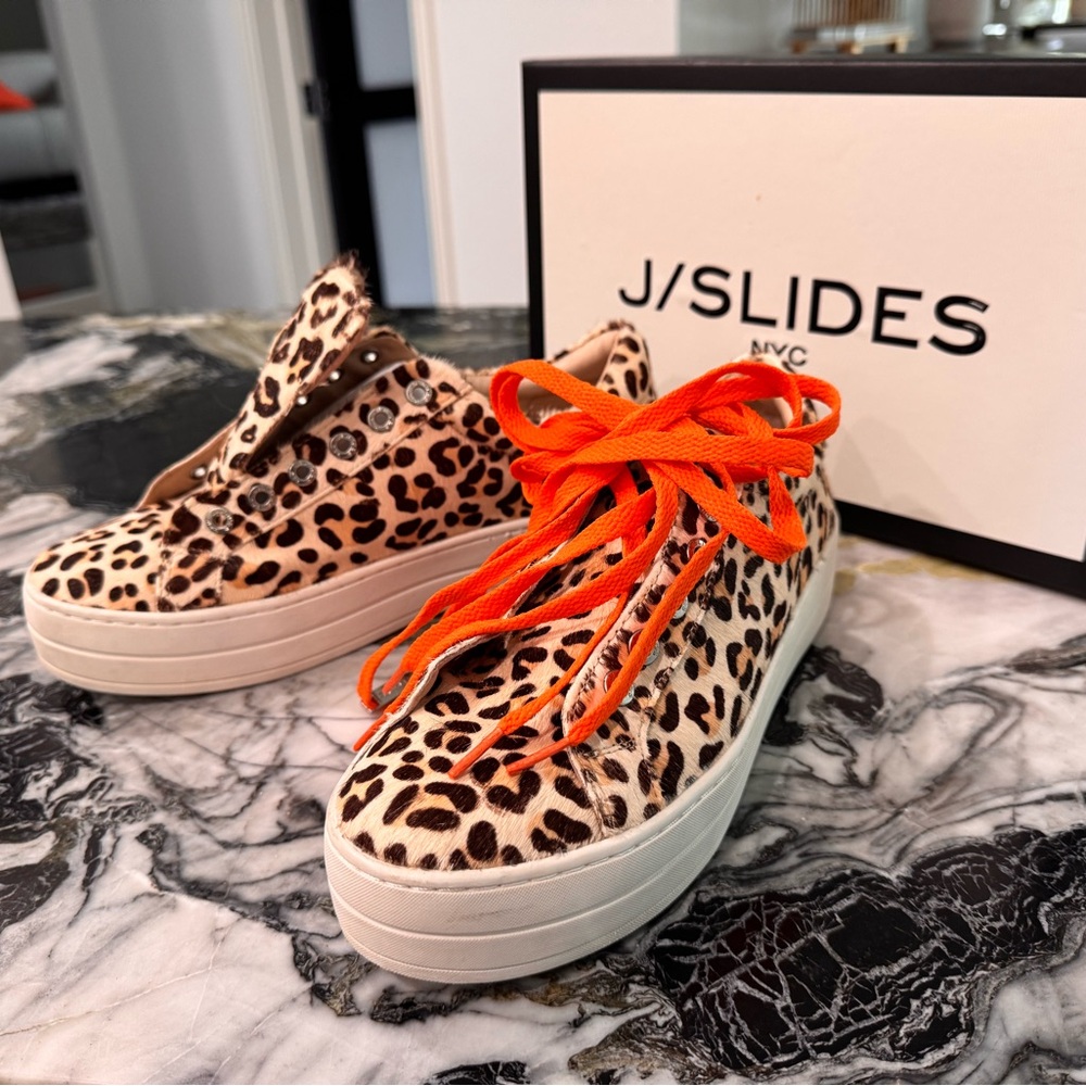 J/Slidees Leopard Print Sneakers with Bright Orange Laces